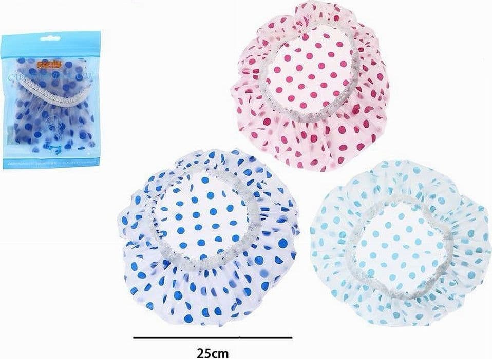 SET 3PZ CUFFIA PER DOCCIA BAGNO ELASTICO CON POIS COLORATI PROTEGGE CAPELLI 87177 - 2