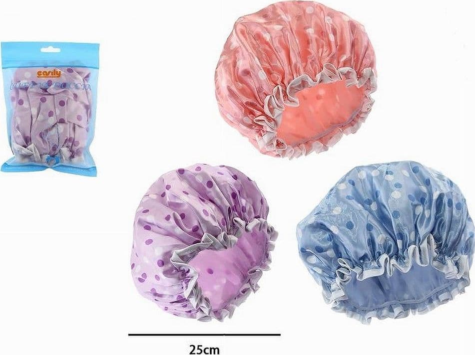 SET 2PZ CUFFIA DOCCIA BAGNO COLORATA POIS LUCIDA ELASTICO PROTEGGE CAPELLI 87179 - 2
