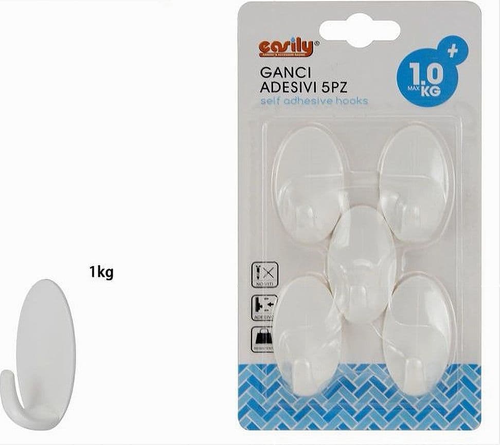 SET 5 PZ GANCI APPENDINI ADESIVI OVALI A PARETE CUCINA BAGNO ATTACCAPANNI 59678 - 2