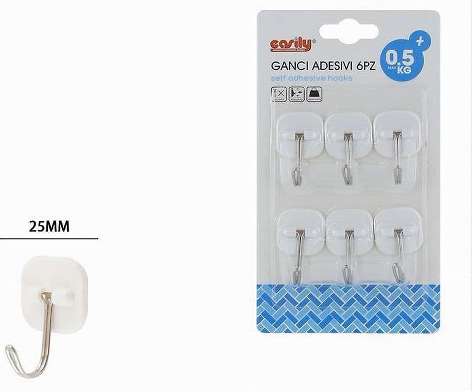 SET 6 GANCI APPENDINI ADESIVI PARETE CASA BAGNO ATTACCAPANNI GANCIO ACCIAIO 87368 - 2