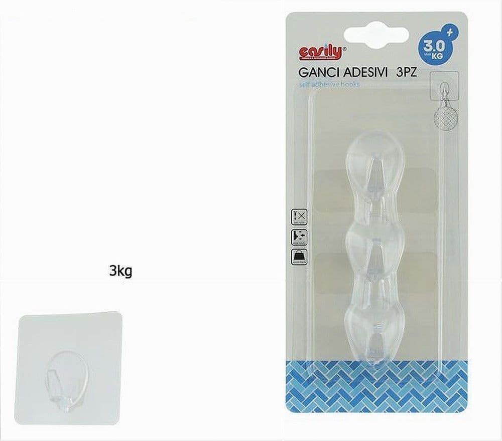 SET 3 GANCI APPENDINO ADESIVI PARETE CUCINA BAGNO ATTACCAPANNI TRASPARENTE 87760 - 2