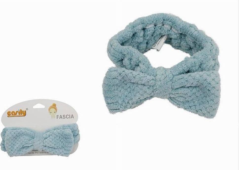 FASCIA PER CAPELLI DOCCIA SHAMPOO ASCIUGAMANO TRUCCO SPUGNA FIOCCO AZZURRO 79622 - 2