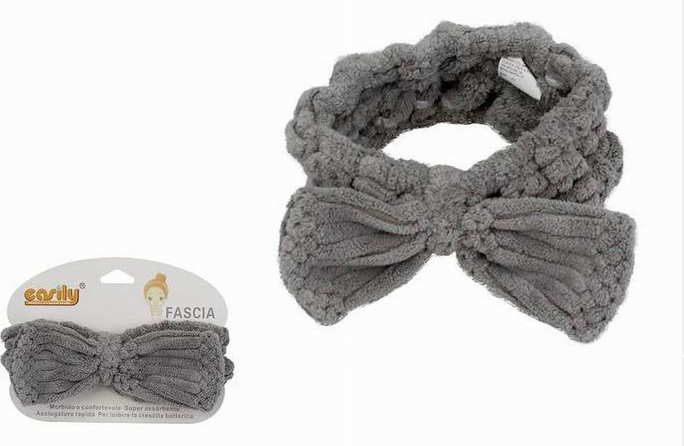 FASCIA PER CAPELLI DOCCIA SHAMPOO ASCIUGAMANO TRUCCO SPUGNA FIOCCO GRIGIO 79623 - 2