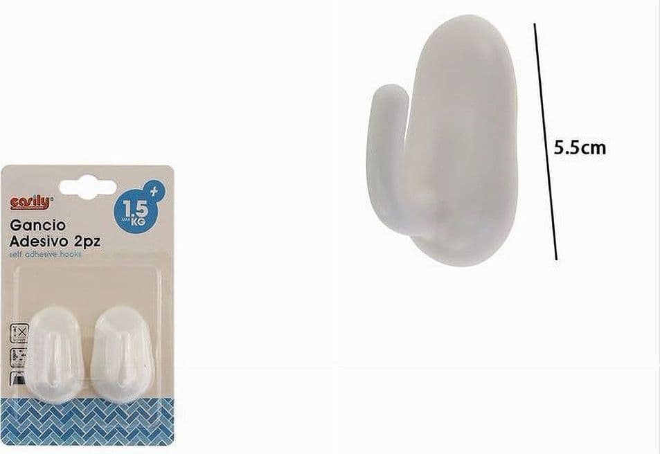 SET 2 PZ GANCI ADESIVI OVALI BIANCHI A PARETE APPENDINO CASA BAGNO CUCINA 87018 - 2