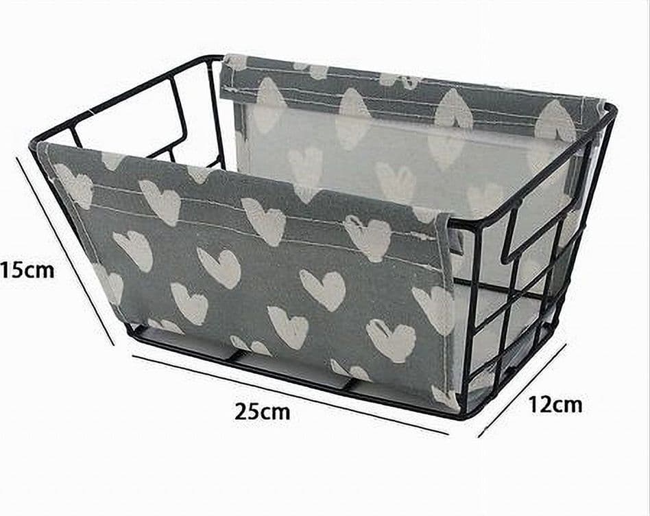 CESTO PORTA OGGETTI IN FERRO TESSUTO STAMPA A CUORI CON MANICI 25X15X12 CM 10615 - 2