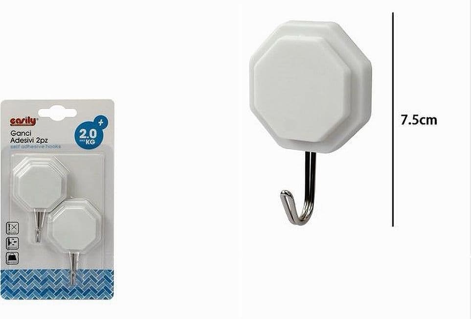 SET 2 PZ GANCI ADESIVI ATTACCAPANNI DA PARETE FORMA OTTAGONALE CASA 7.5 CM 79335 - 2