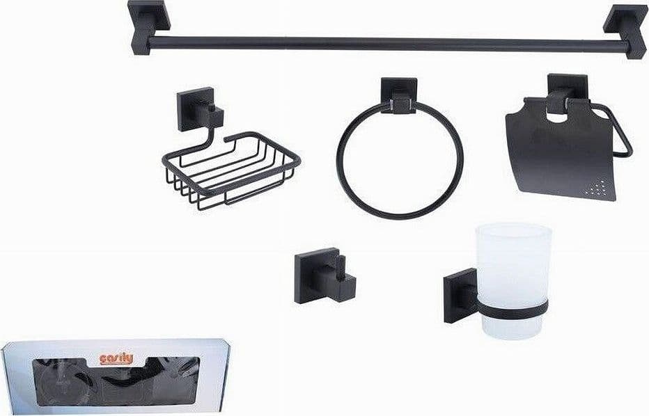 SET ULTRA MODERNO NERO 6PZ BAGNO PORTA ASCIUGAMANO ROTOLO BICCHIERE SPAZZOLINI 87261 - 9