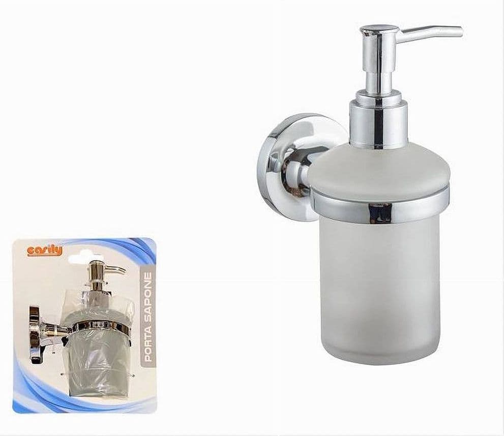 DISPENSER PORTA SAPONE LIQUIDO A PARETE ACCIAIO BICCHIERE VETRO SATINATO 79805 - 2