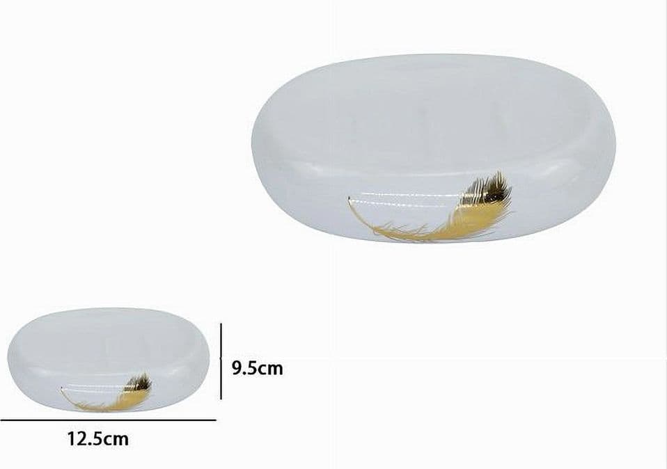 PIATTINO PER SAPONE IN CERAMICA BIANCA CON PIUMA ORO PORTASAPONETTA BAGNO 59896 - 3