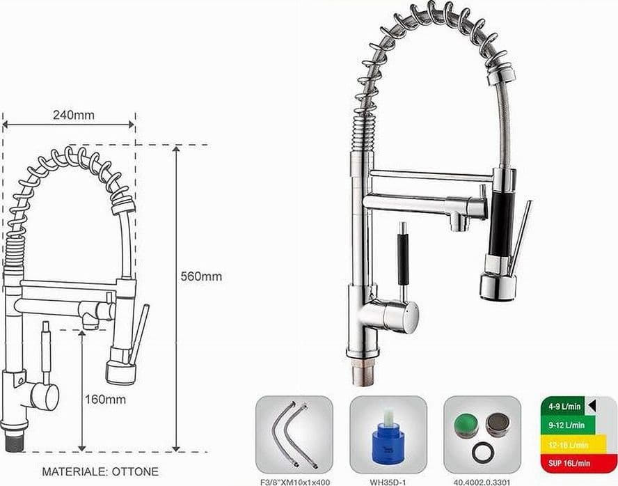 RUBINETTO LAVELLO CUCINA A 2 VIE ORIENTABILE CON DOCCETTA IN OTTONE CROMATO 59286 - 6