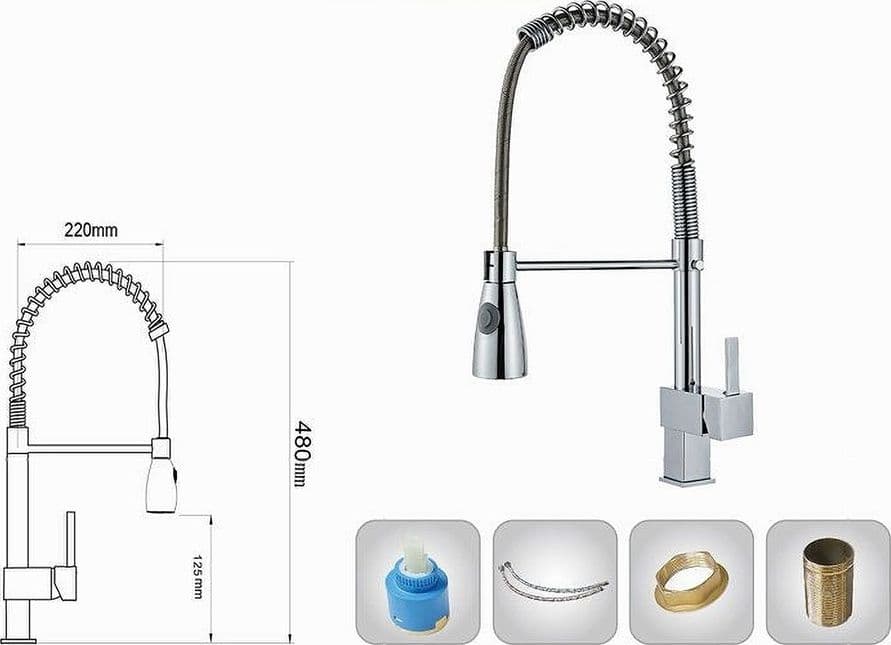 MISCELATORE RUBINETTO LAVELLO CUCINA GETTO A MOLLA BOCCA GIREVOLE BASE QUADRA 87469 - 2