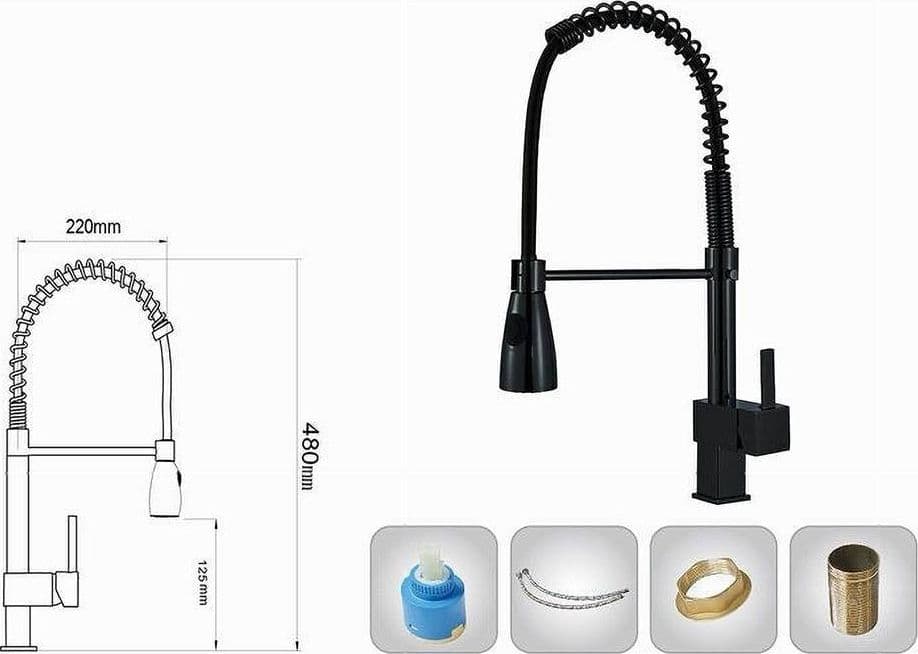 MISCELATORE RUBINETTO LAVELLO CUCINA GETTO A MOLLA BOCCA GIREVOLE NERO QUADRA 87470 - 2