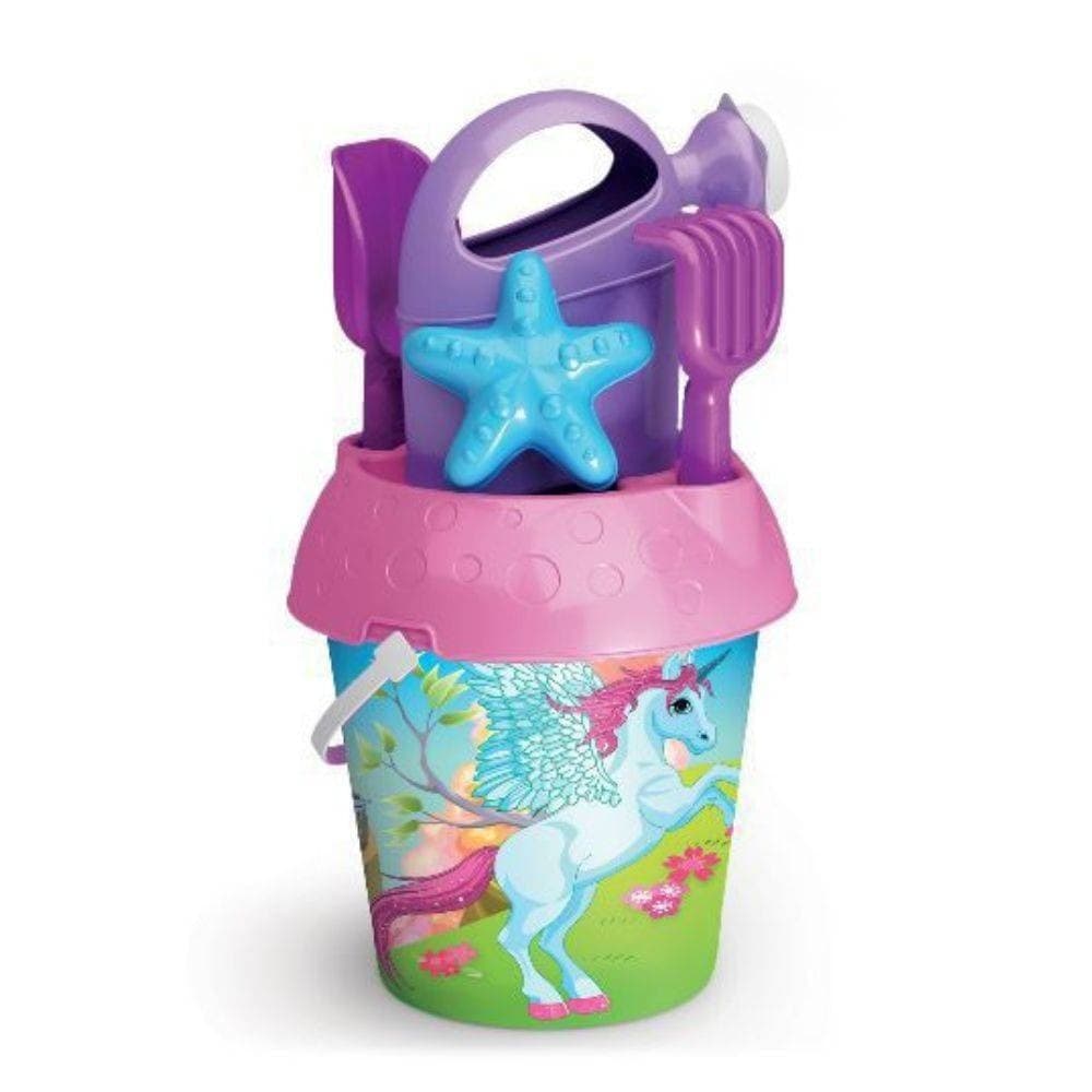 SECCHIELLO UNICORNO 18 CM GIOCO MARE SABBIA CON FORMINE PALETTA INNAFFIATOIO