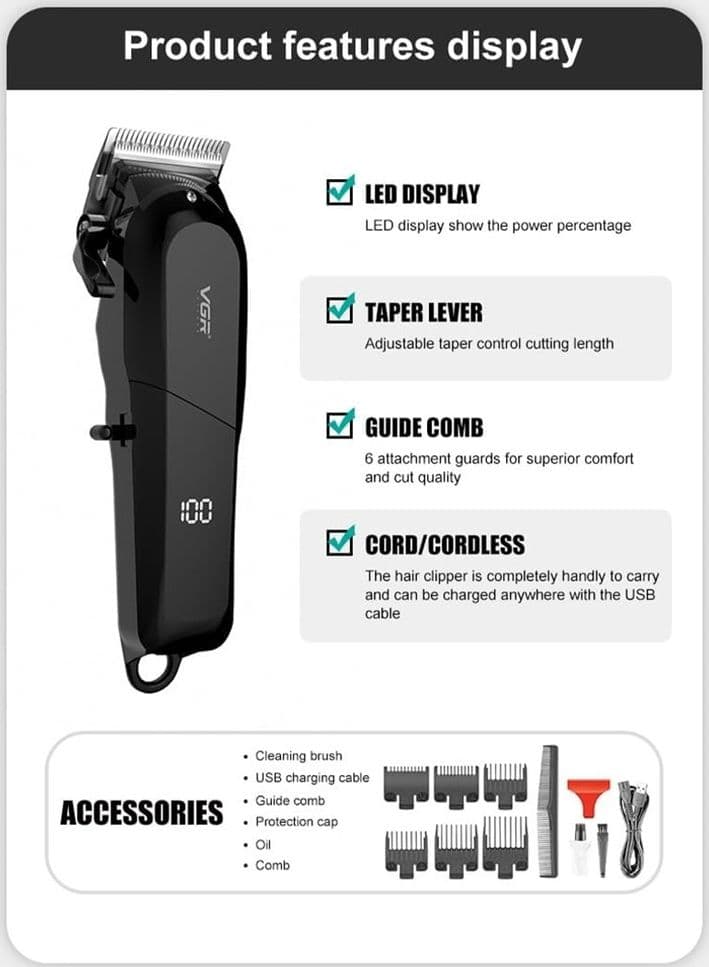 VGR V-118 Tagliacapelli Professionale Clipper Barber Rasoio USB LED - 9