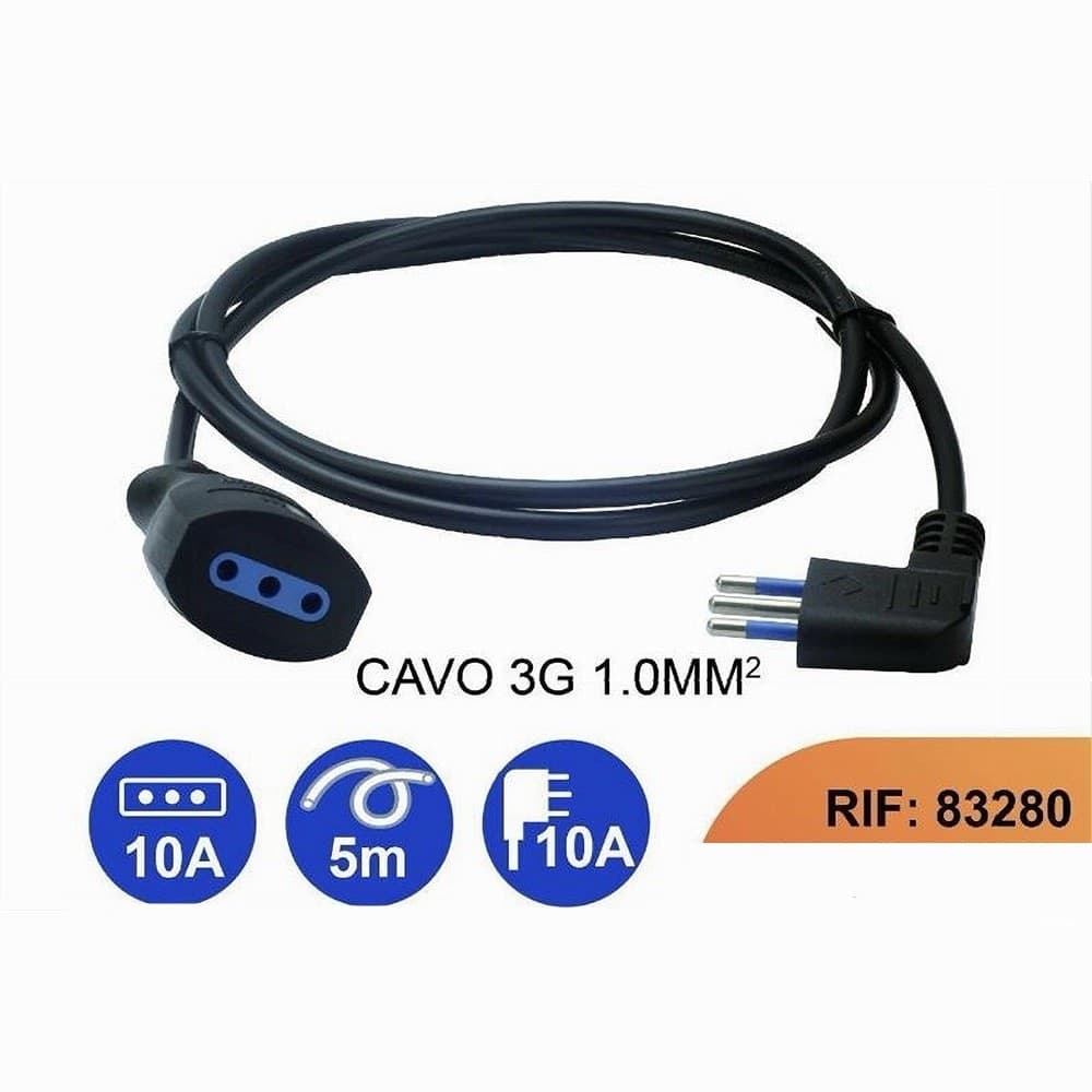 PROLUNGA LINEARE 5 METRI CON SPINA 10A 2P+T + PRESA 10A 2P+T CAVO 90° NERA 83280 - 4