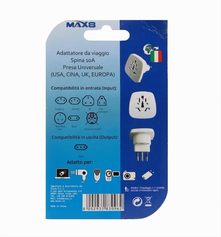 ADATTATORE UNIVERSALE DA VIAGGIO CON SPINA 10A 2P+T PRESA COLORE BIANCA 83096 - 4