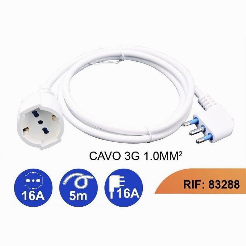 PROLUNGA LINEARE CAVO 5MT 90° CON SPINA 16A PRESA UNIVERSALE SCHUKO BIANCA 83288 - 4
