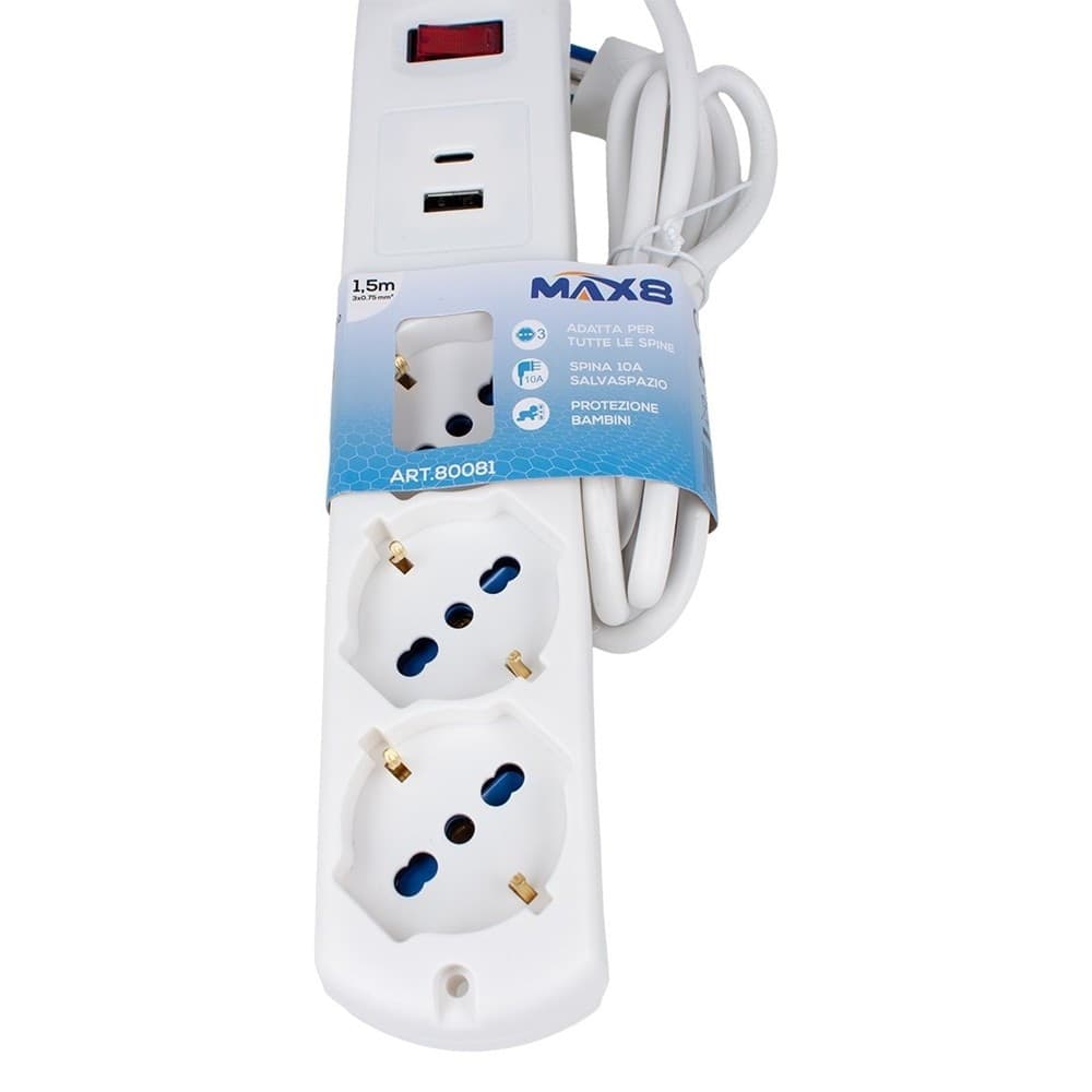MULTIPRESA 5 IN 1 USB A + C + 3 PRESE PER SCHUKO / BIPASSO / EU CAVO 1.5MT 80081 - 4