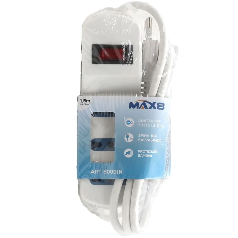 MULTIPRESA CON 3 USCITE UNIVERSALI BIPASSO SPINA 10A CAVO 1.5 MT BIANCO 80091N - 3