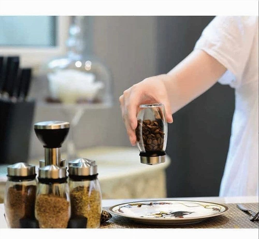 PORTASPEZIE GIREVOLE CON 6 BARATTOLI IN VETRO TAPPI SPARGISPEZIE ORGANIZER CUCINA - 9