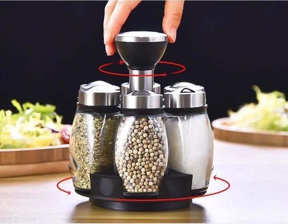 PORTASPEZIE GIREVOLE CON 6 BARATTOLI IN VETRO TAPPI SPARGISPEZIE ORGANIZER CUCINA - 10