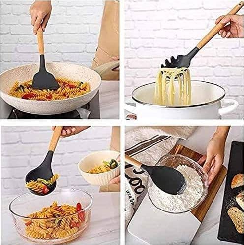 SET 12 UTENSILI DA CUCINA IN SILICONE CON MANICO LEGNO ANTIADERENTI RESISTENTI - 11