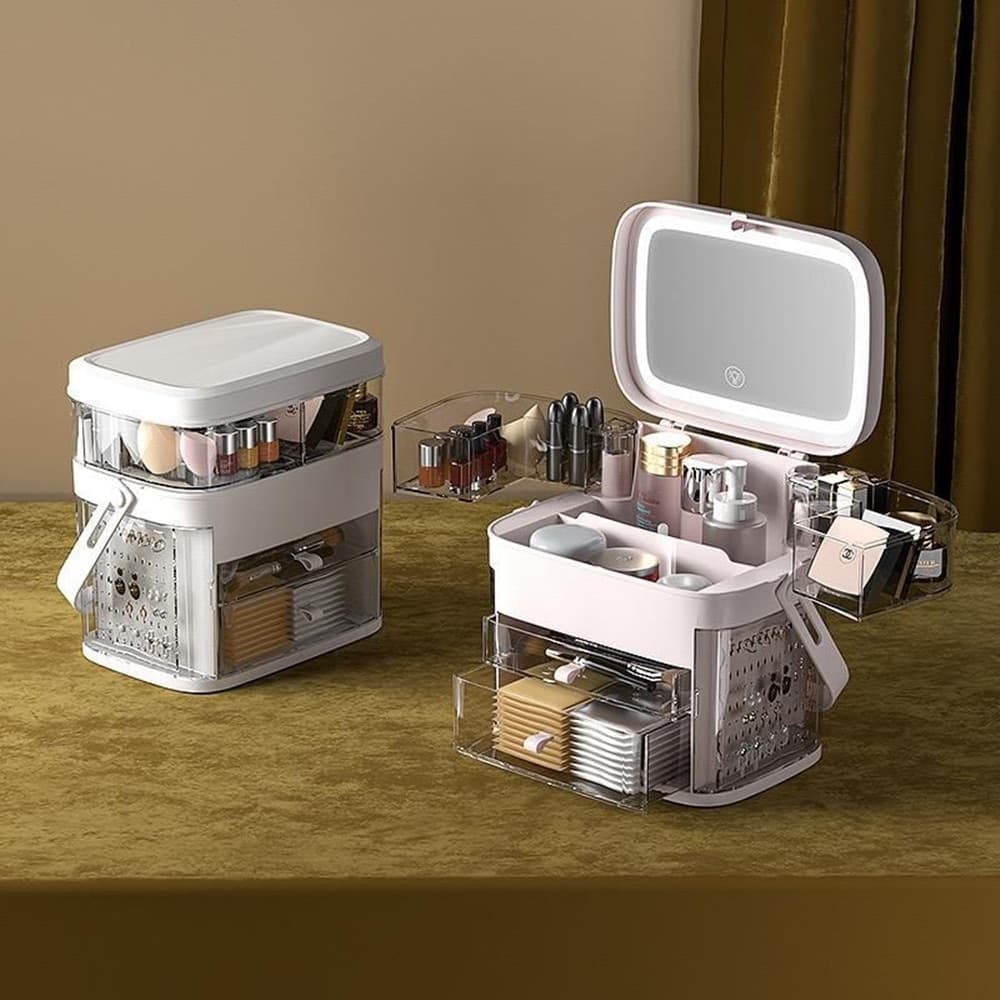 ORGANIZER BEAUTY CASE PORTA TRUCCO ACCESSORI GIOIELLI CON SPECCHIO LED CASSETTI - 20