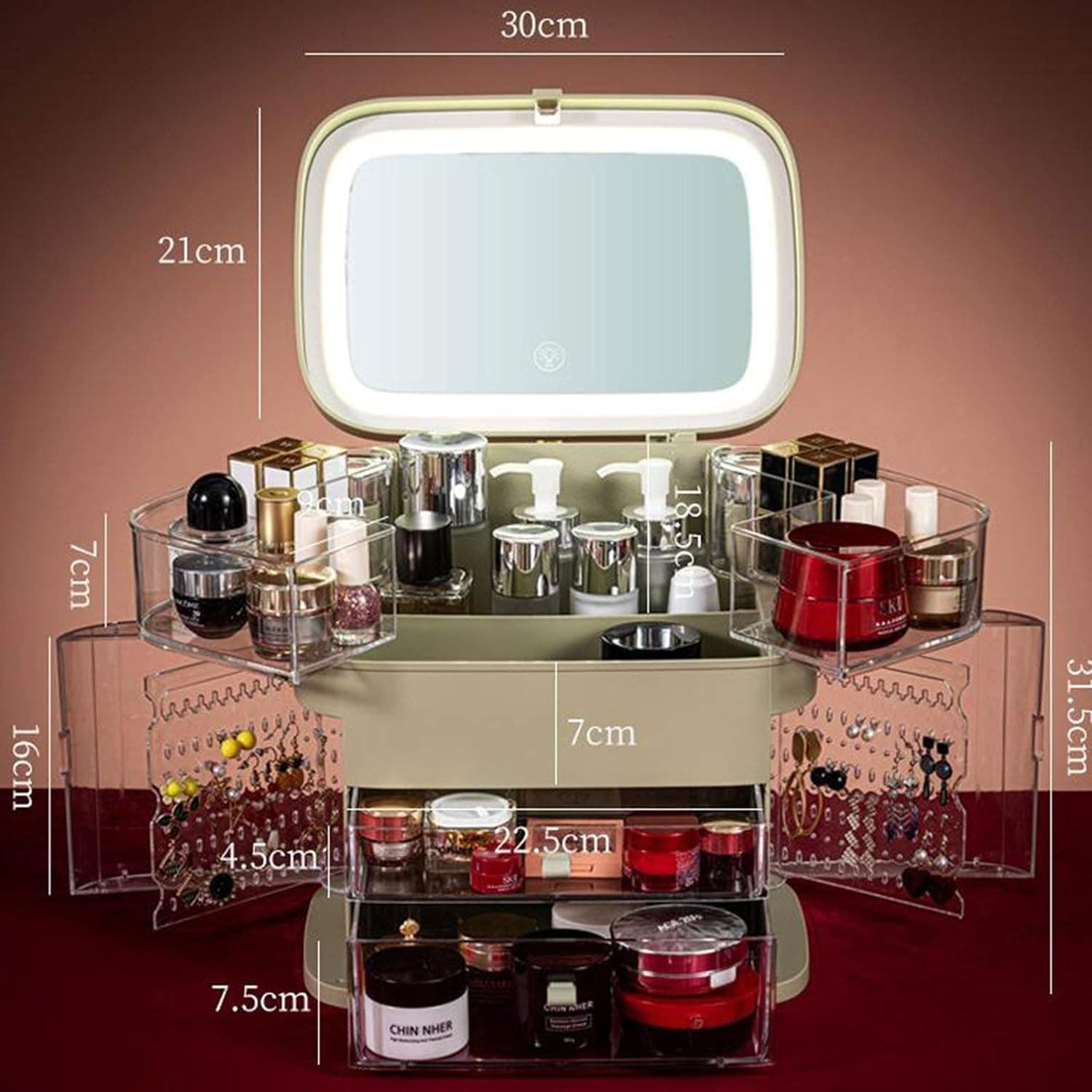 ORGANIZER BEAUTY CASE PORTA TRUCCO ACCESSORI GIOIELLI CON SPECCHIO LED CASSETTI - 10