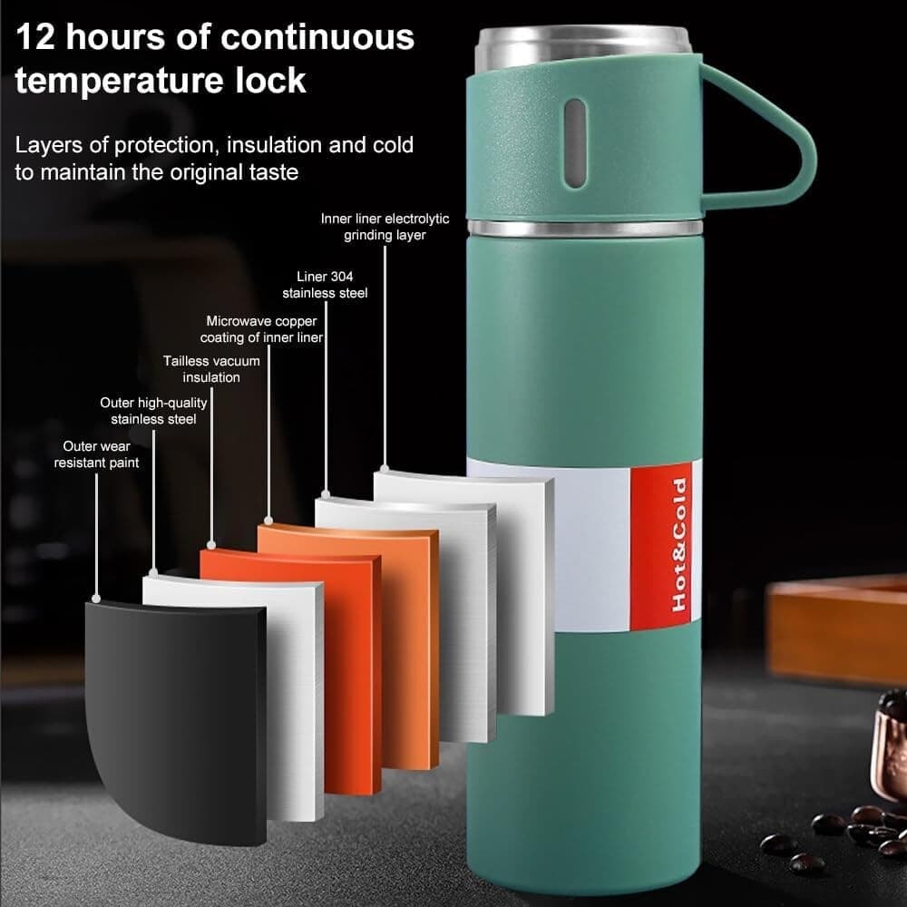 BORRACCIA TERMICA 500ML IN ACCIAIO INOX CON TAZZA MANICO PER BEVANDE CALDE FREDDE - 12