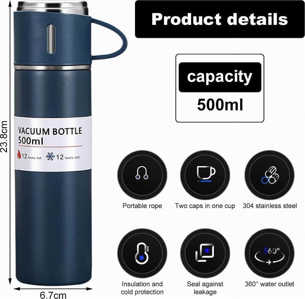 BORRACCIA TERMICA 500ML IN ACCIAIO INOX CON TAZZA MANICO PER BEVANDE CALDE FREDDE - 16