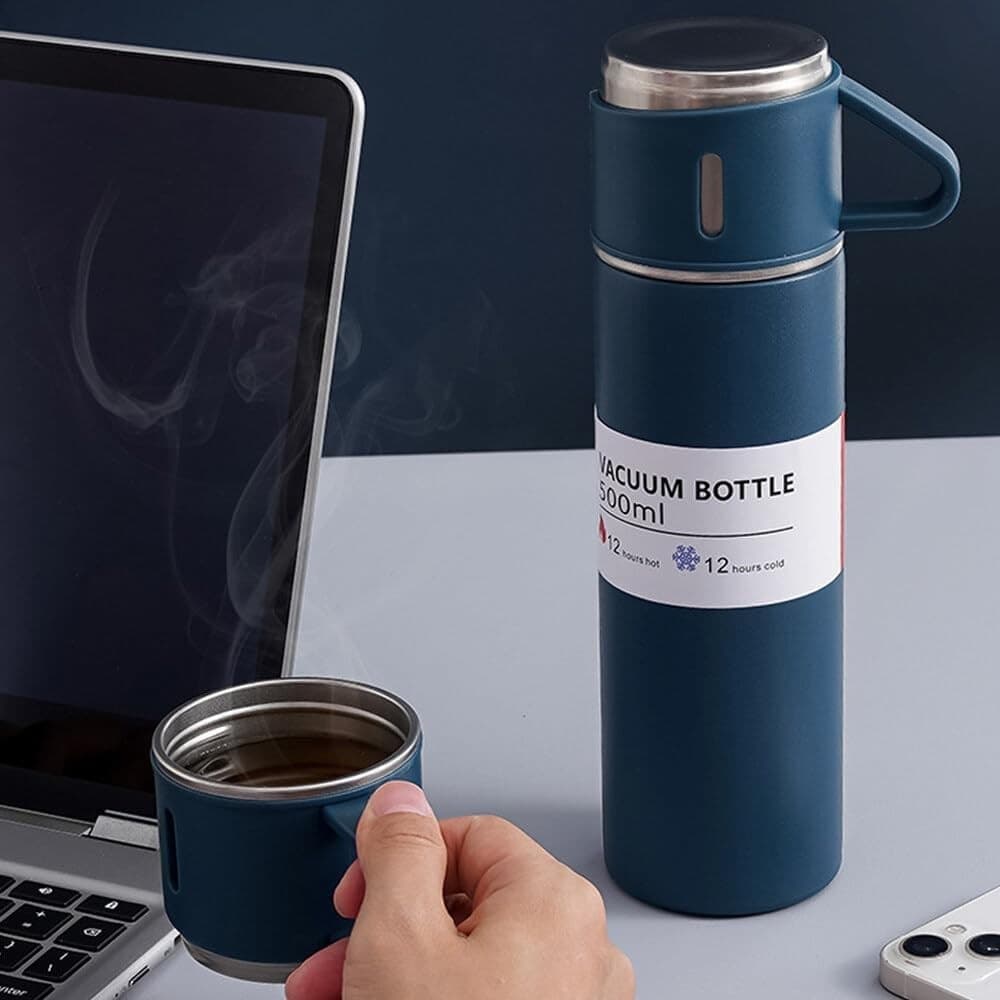 BORRACCIA TERMICA 500ML IN ACCIAIO INOX CON TAZZA MANICO PER BEVANDE CALDE FREDDE - 26