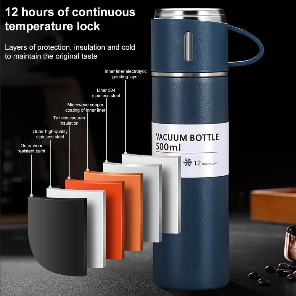 BORRACCIA TERMICA 500ML IN ACCIAIO INOX CON TAZZA MANICO PER BEVANDE CALDE FREDDE - 27