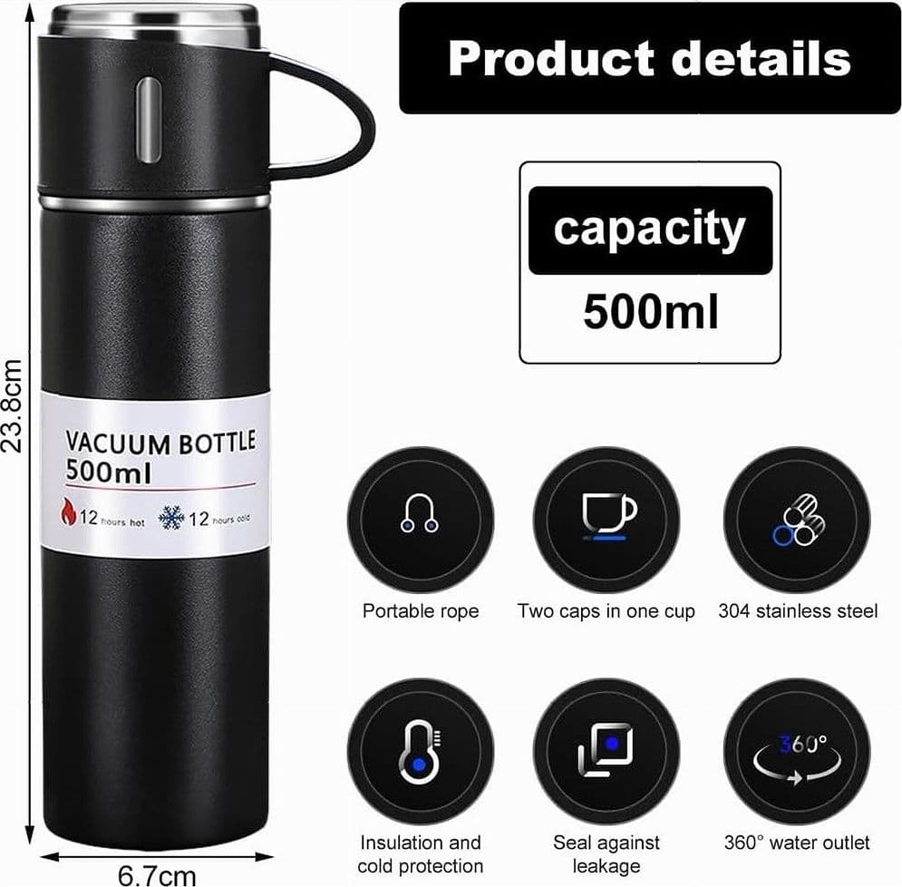 BORRACCIA TERMICA 500ML IN ACCIAIO INOX CON TAZZA MANICO PER BEVANDE CALDE FREDDE - 38