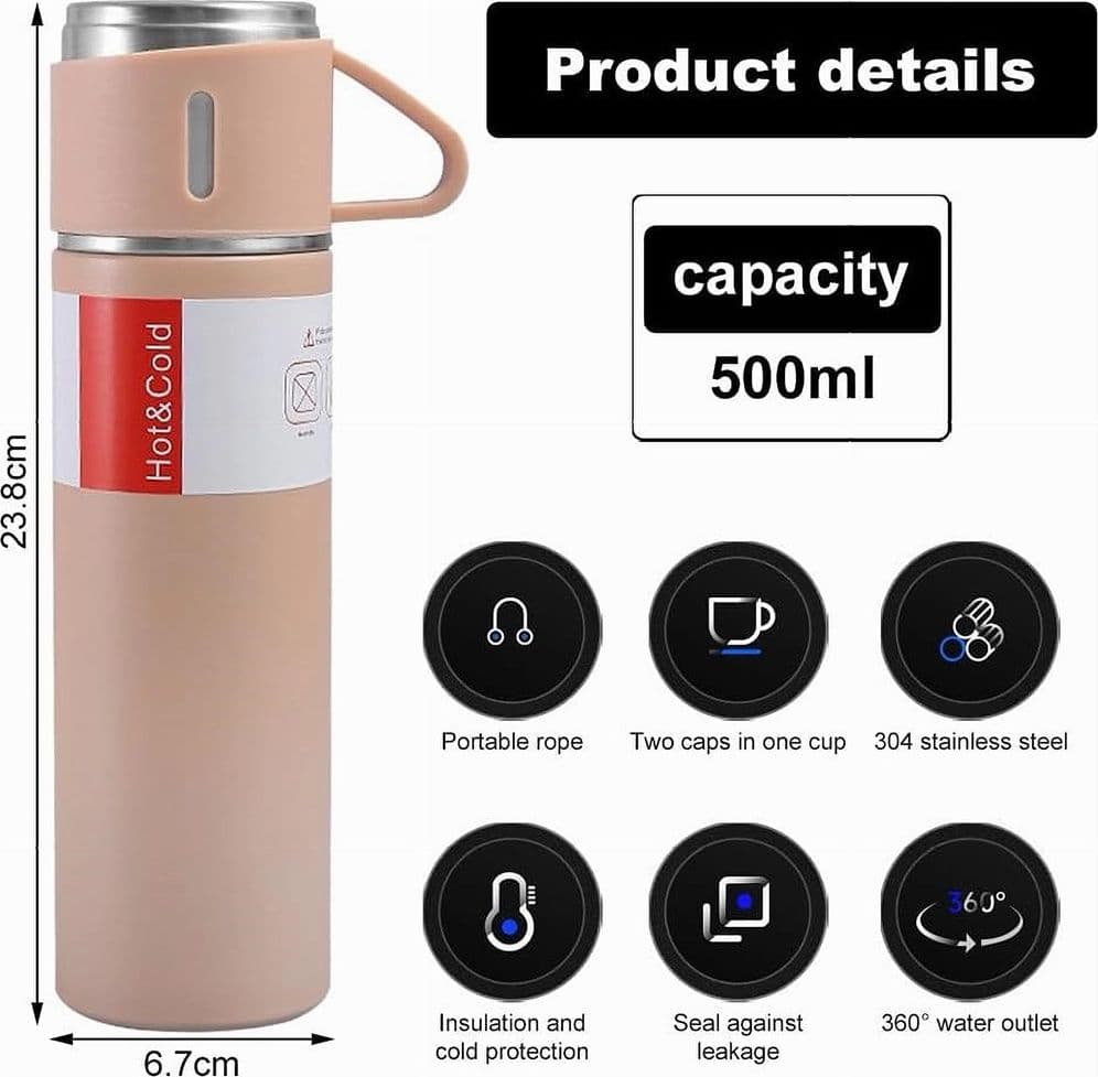 BORRACCIA TERMICA 500ML IN ACCIAIO INOX CON TAZZA MANICO PER BEVANDE CALDE FREDDE - 44