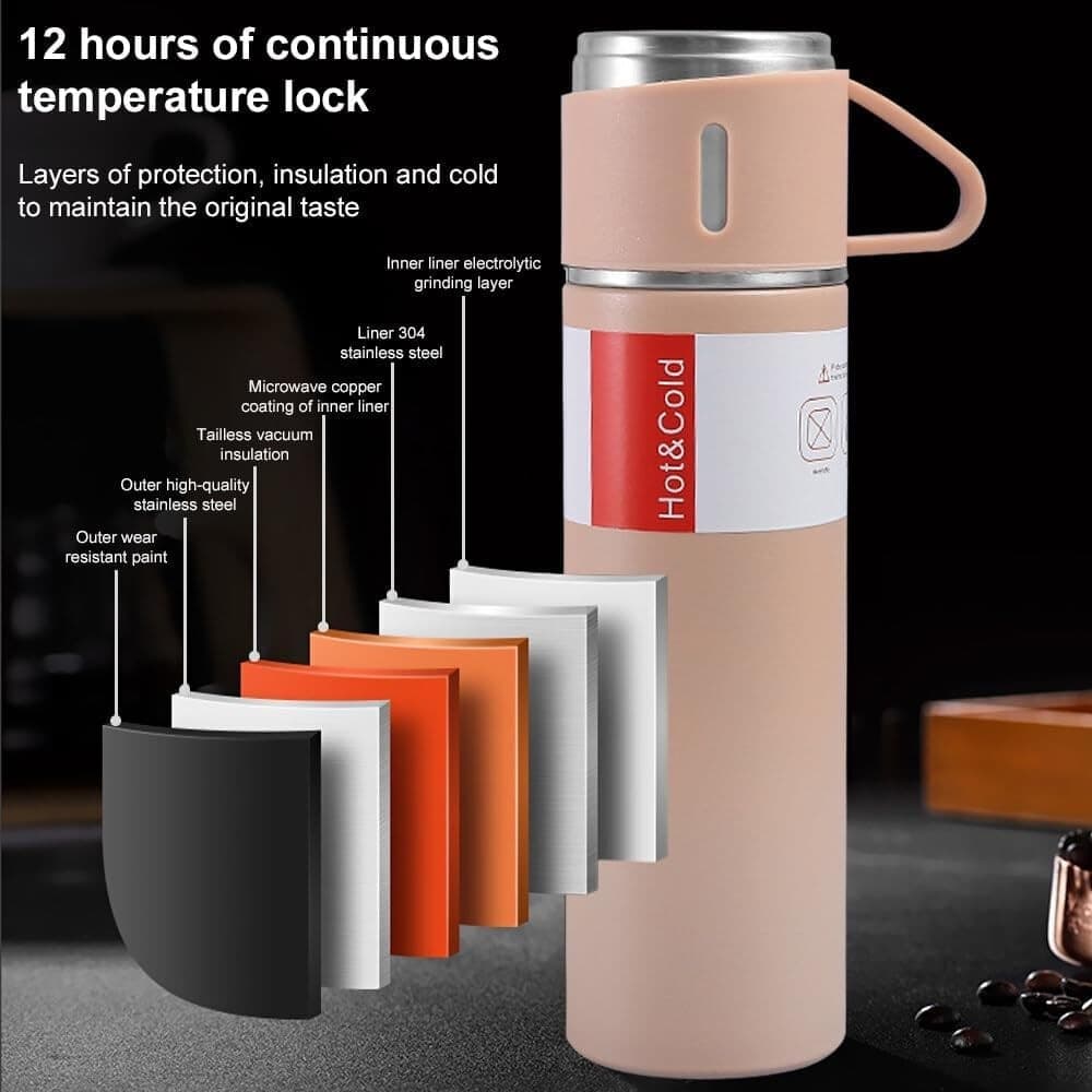 BORRACCIA TERMICA 500ML IN ACCIAIO INOX CON TAZZA MANICO PER BEVANDE CALDE FREDDE - 46