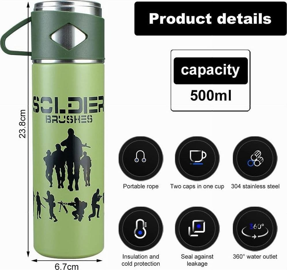 BORRACCIA TERMICA 500ML IN ACCIAIO INOX CON TAZZA MANICO PER BEVANDE CALDE FREDDE - 66