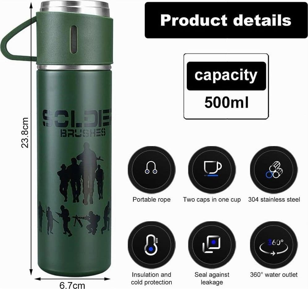 BORRACCIA TERMICA 500ML IN ACCIAIO INOX CON TAZZA MANICO PER BEVANDE CALDE FREDDE - 72