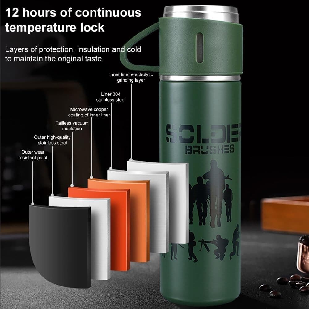 BORRACCIA TERMICA 500ML IN ACCIAIO INOX CON TAZZA MANICO PER BEVANDE CALDE FREDDE - 82