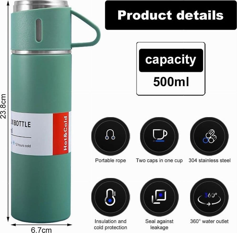 BORRACCIA TERMICA 500ML IN ACCIAIO INOX CON TAZZA MANICO PER BEVANDE CALDE FREDDE - 10