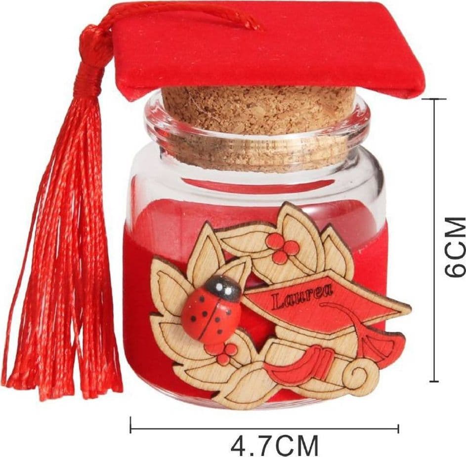 BOMBONIERA PORTACONFETTI PER FESTA DI LAUREA CON TOCCO ROSSO IN VETRO E SUGHERO - 5