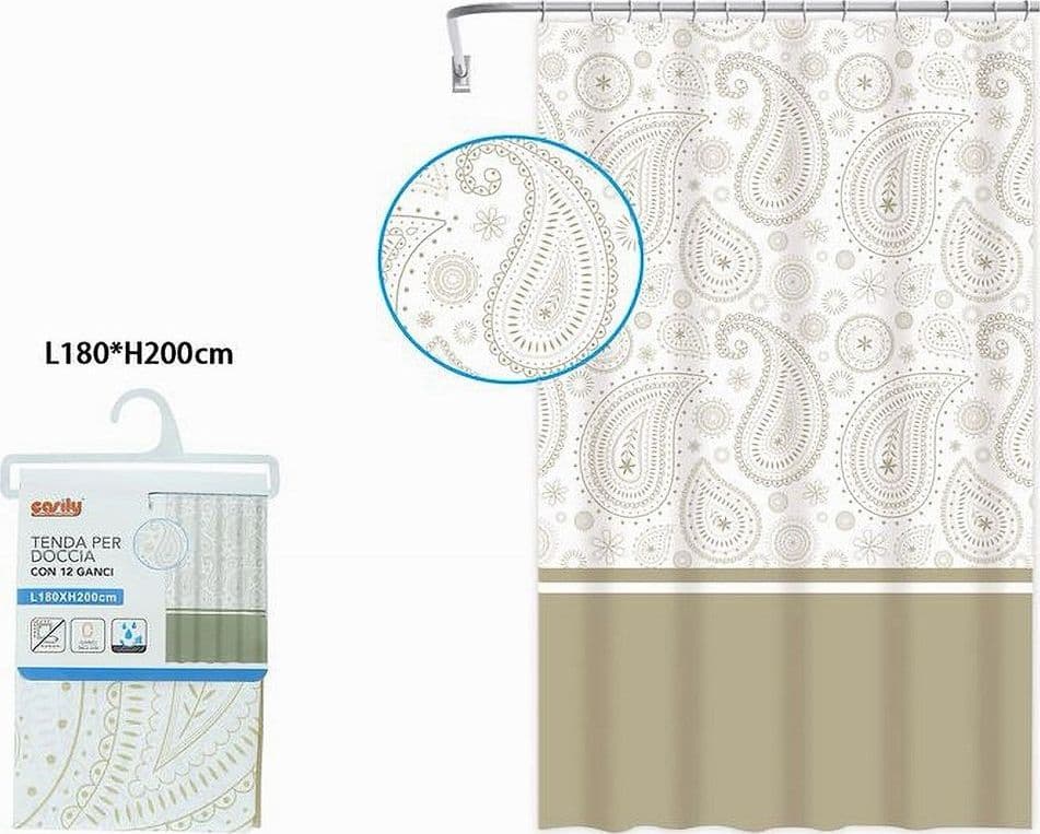 TENDA DOCCIA VASCA BAGNO 12 ANELLI 180 X 200CM MOTIVO PAISLEY ETNICO BEIGE 87583 - 2