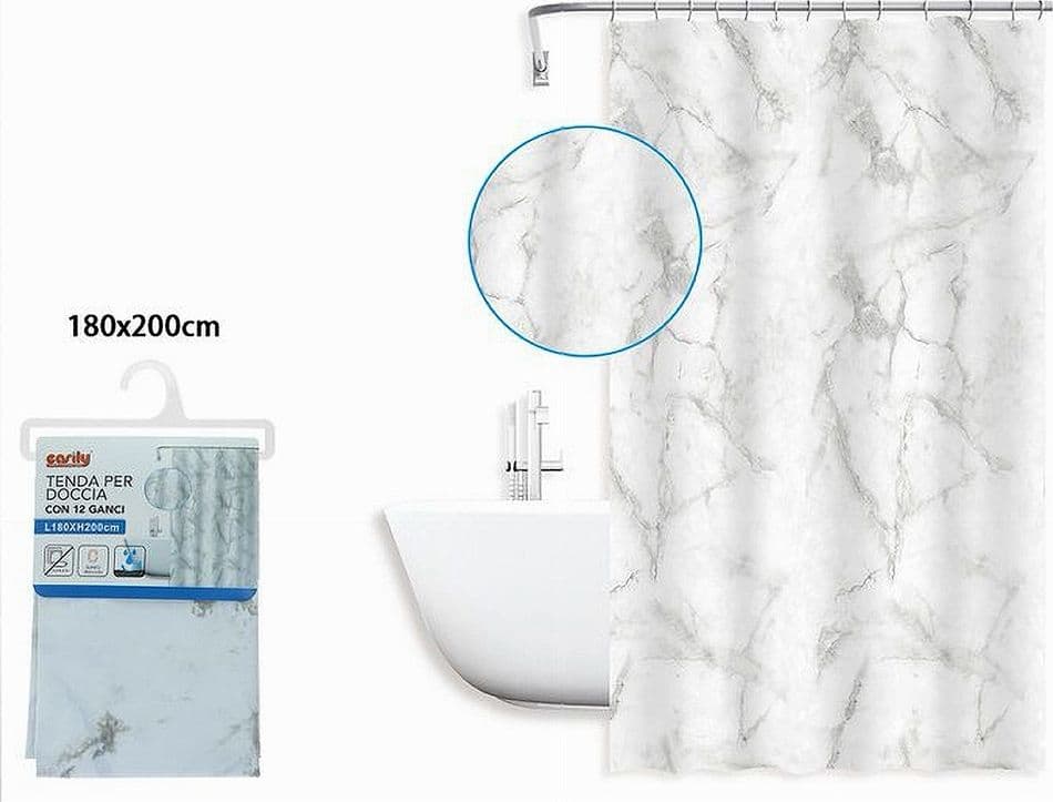 TENDA DOCCIA VASCA BAGNO IMPERMEABILE MARMO BIANCO 180X200CM CON 12 ANELLI 87593 - 2