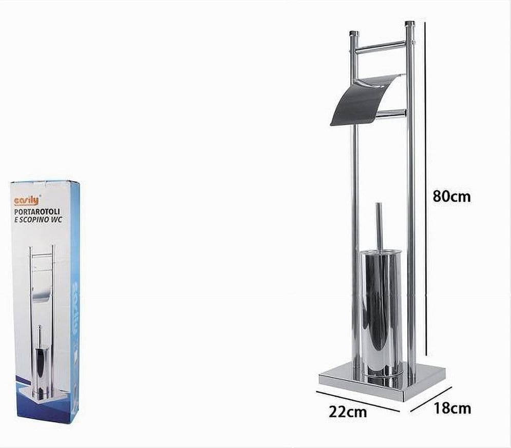 PORTA ROTOLO CON SCOPINO PORTASCOPINO ACCIAIO QUADRATO ACCESSORIO BAGNO WC 59966 - 2