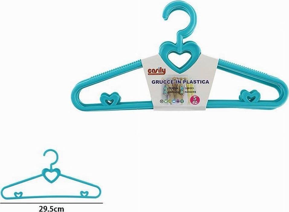 SET 5 PZ GRUCCE STAMPELLE CON CUORI APPENDIABITI PLASTICA CELESTE VESTITI 87678 - 2