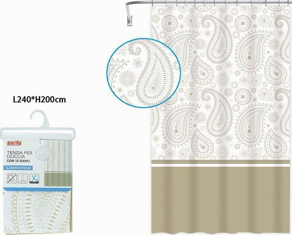 TENDA DOCCIA VASCA BAGNO 12 ANELLI 240X200 CM MOTIVO PAISLEY ETNICO BEIGE 87584 - 2