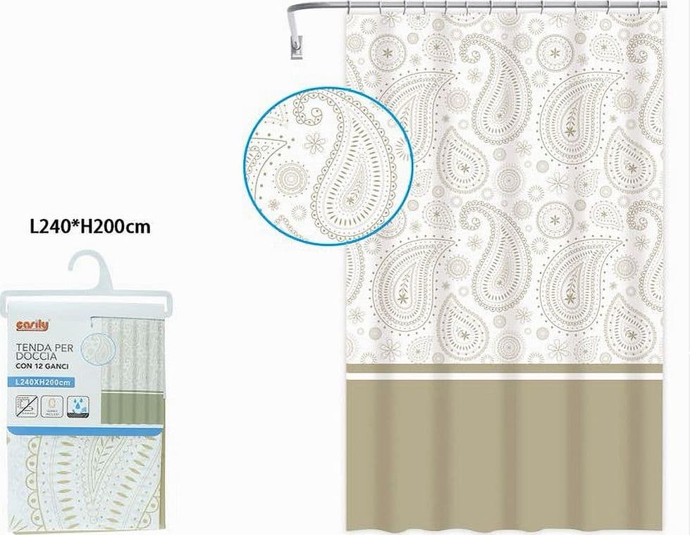 TENDA DOCCIA VASCA BAGNO 12 ANELLI 240X200 CM MOTIVO PAISLEY ETNICO BEIGE 87584 - 2