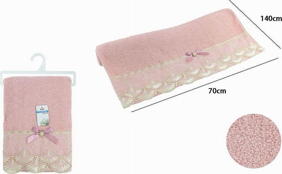 ASCIUGAMANO DA BAGNO TELO IN COTONE MORBIDO DECORATO 70 X 140CM 380GR ROSA 79507 - 2