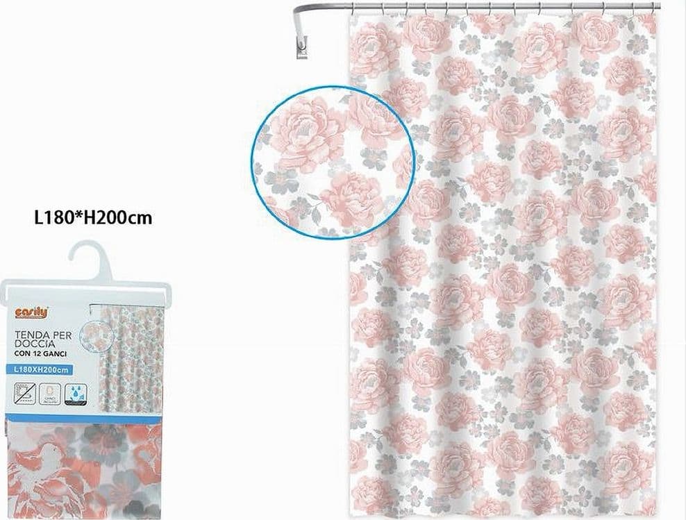 TENDA PER DOCCIA VASCA DA BAGNO 12 GANCI STAMPA FIORI ROSA GRIGI 180X200CM 87575 - 2