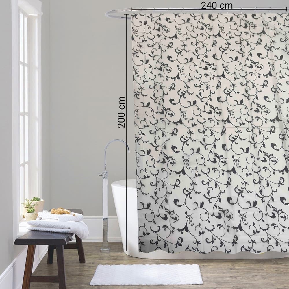 TENDA DOCCIA VASCA DA BAGNO 12 GANCI MOTIVO FLOREALE BIANCO NERO 240X200CM 87568 - 5