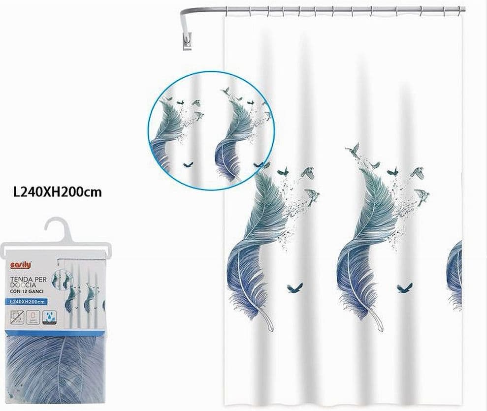 TENDA PER DOCCIA VASCA DA BAGNO PEVA 12 GANCI DECORATA CON PIUME 240X200CM 87572 - 8